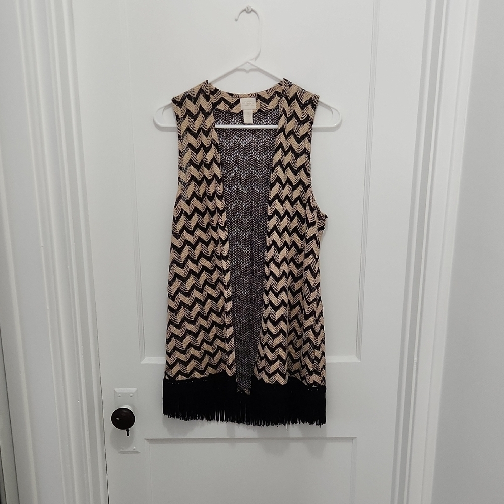 Chico's Black/Beige Chevron Open Vest with Fringe Size 1 (US Medium)